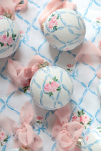 Load image into Gallery viewer, Ribbon trellis and rose hand-painted ornament
