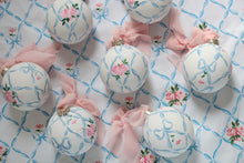 Load image into Gallery viewer, Ribbon trellis and rose hand-painted ornament
