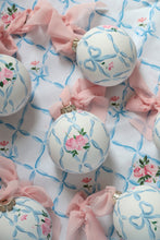 Load image into Gallery viewer, Ribbon trellis and rose hand-painted ornament
