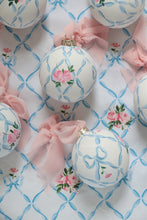 Load image into Gallery viewer, Ribbon trellis and rose hand-painted ornament
