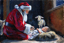 Load image into Gallery viewer, Santa kneeling before baby Jesus, a fine art print on paper
