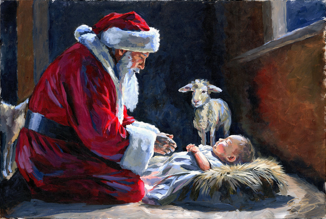 Santa kneeling before baby Jesus, a fine art print on paper