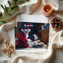 Load image into Gallery viewer, Santa kneeling before Baby Jesus, folded Christmas card
