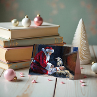 Santa kneeling before Baby Jesus, folded Christmas card