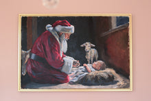 Load image into Gallery viewer, Santa kneeling before baby Jesus - 24 x 36 original painting with FREE frame ($175 value)
