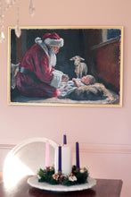 Load image into Gallery viewer, Santa kneeling before baby Jesus - 24 x 36 original painting with FREE frame ($175 value)
