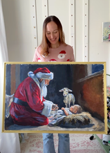 Load image into Gallery viewer, Santa kneeling before baby Jesus - 24 x 36 original painting with FREE frame ($175 value)
