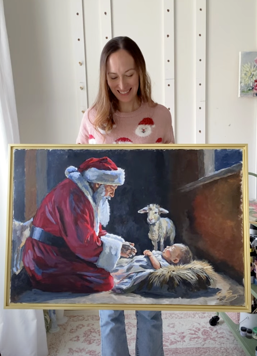 Santa kneeling before baby Jesus - 24 x 36 original painting with FREE frame ($175 value)