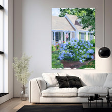 Load image into Gallery viewer, Cape house with blue hydrangea, a fine art print on paper
