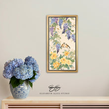 Load image into Gallery viewer, Amelia, a chinoiserie canvas wrap with purple wisteria, birds, and yellow peonies

