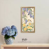 Amelia, a chinoiserie canvas wrap with purple wisteria, birds, and yellow peonies