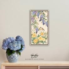 Load image into Gallery viewer, Amelia, a chinoiserie canvas wrap with purple wisteria, birds, and yellow peonies
