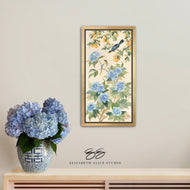Anne, a chinoiserie canvas wrap with hydrangeas, oranges, and bird