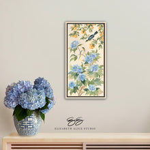 Load image into Gallery viewer, Anne, a chinoiserie canvas wrap with hydrangeas, oranges, and bird
