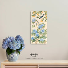 Load image into Gallery viewer, Anne, a chinoiserie canvas wrap with hydrangeas, oranges, and bird
