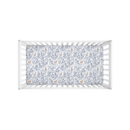 Bunny toile crib sheet, blue with colorful bunnies