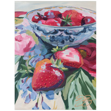 Load image into Gallery viewer, Strawberries on floral fabric, a fine art print on paper
