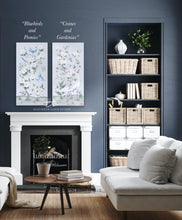 Load image into Gallery viewer, Cranes and Gardenias, a light blue chinoiserie canvas wrap, available framed
