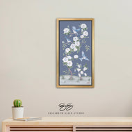 Bluebirds and Peonies, a dark blue chinoiserie canvas wrap, available framed
