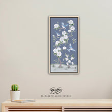 Load image into Gallery viewer, Bluebirds and Peonies, a dark blue chinoiserie canvas wrap, available framed
