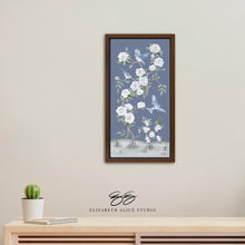 Load image into Gallery viewer, Bluebirds and Peonies, a dark blue chinoiserie canvas wrap, available framed
