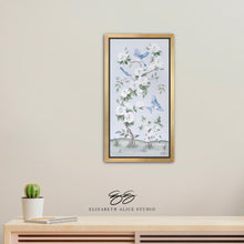 Load image into Gallery viewer, Bluebirds and Peonies, a light blue chinoiserie canvas wrap, available framed
