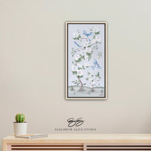 Load image into Gallery viewer, Bluebirds and Peonies, a light blue chinoiserie canvas wrap, available framed
