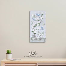 Load image into Gallery viewer, Bluebirds and Peonies, a light blue chinoiserie canvas wrap, available framed
