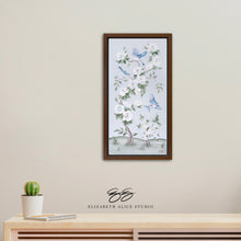 Load image into Gallery viewer, Bluebirds and Peonies, a light blue chinoiserie canvas wrap, available framed
