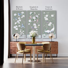 Load image into Gallery viewer, Cranes and Gardenias, a green chinoiserie canvas wrap, available framed
