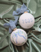 Load image into Gallery viewer, 2025 blue bow wreath hand-painted ornament, personalization available
