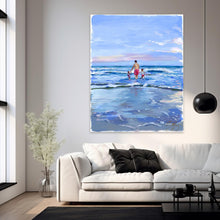 Load image into Gallery viewer, Beach babies: Dad with two kids in the ocean, a fine art print on paper
