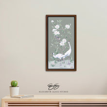 Load image into Gallery viewer, Cranes and Gardenias, a green chinoiserie canvas wrap, available framed
