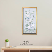 Load image into Gallery viewer, Cranes and Gardenias, a light blue chinoiserie canvas wrap, available framed

