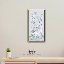 Load image into Gallery viewer, Cranes and Gardenias, a light blue chinoiserie canvas wrap, available framed

