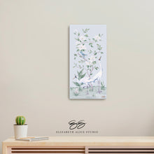 Load image into Gallery viewer, Cranes and Gardenias, a light blue chinoiserie canvas wrap, available framed
