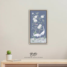 Load image into Gallery viewer, Cranes and Gardenias, a dark blue chinoiserie canvas wrap, available framed
