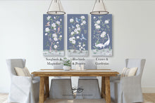 Load image into Gallery viewer, Bluebirds and Peonies, a dark blue chinoiserie canvas wrap, available framed
