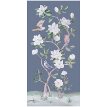 Load image into Gallery viewer, Songbirds and Magnolias, a dark blue chinoiserie fine art print
