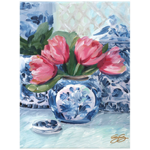 Load image into Gallery viewer, Pink Tulips, Blue Vase; a fine art print on paper
