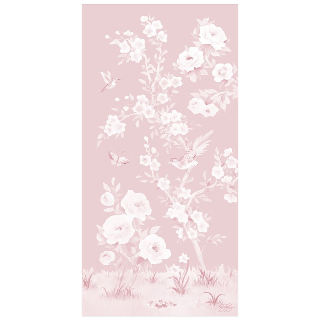 April, a tonal pink chinoiserie fine art print on paper with birds and cherry blossoms