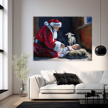 Load image into Gallery viewer, Santa kneeling before Baby Jesus, a fine art print
