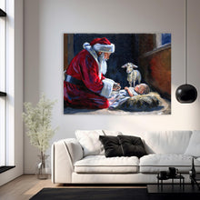 Load image into Gallery viewer, Santa kneeling before Baby Jesus, a fine art print
