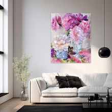 Load image into Gallery viewer, No. 386 Peonies in milk glass and blue and white vases, a fine art print on paper
