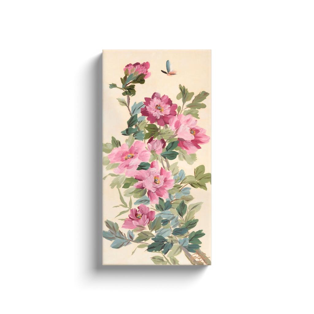 Eloise, a chinoiserie canvas wrap of pink peonies and butterfly