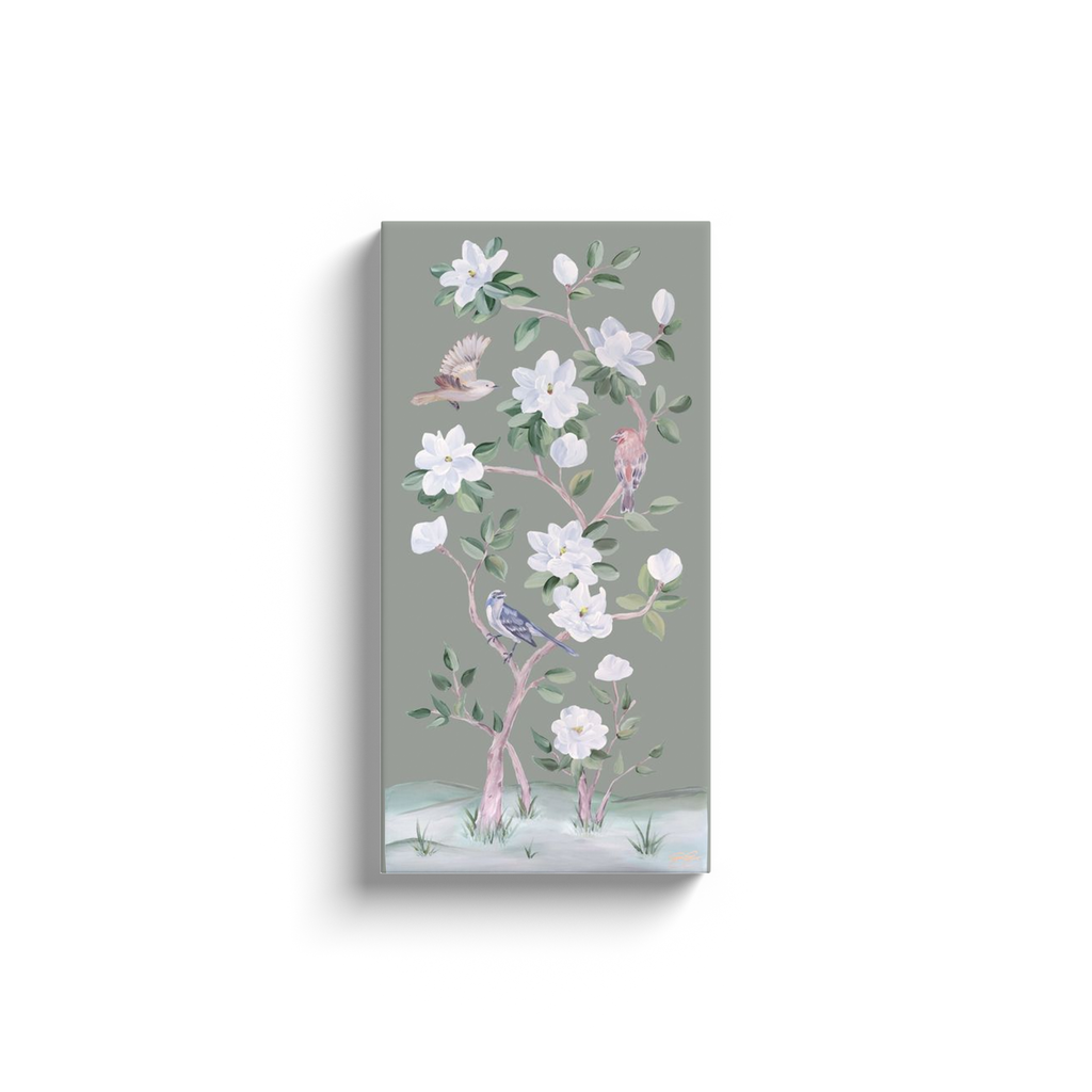 Songbirds and Magnolias, a green chinoiserie canvas wrap