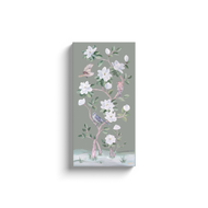 Songbirds and Magnolias, a green chinoiserie canvas wrap, available framed