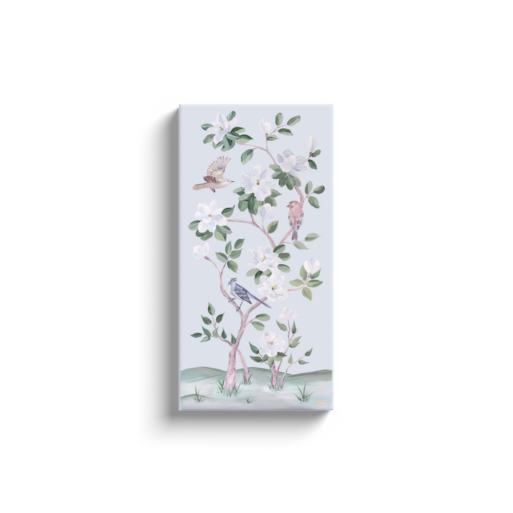 Songbirds and Magnolias, a light blue chinoiserie canvas wrap