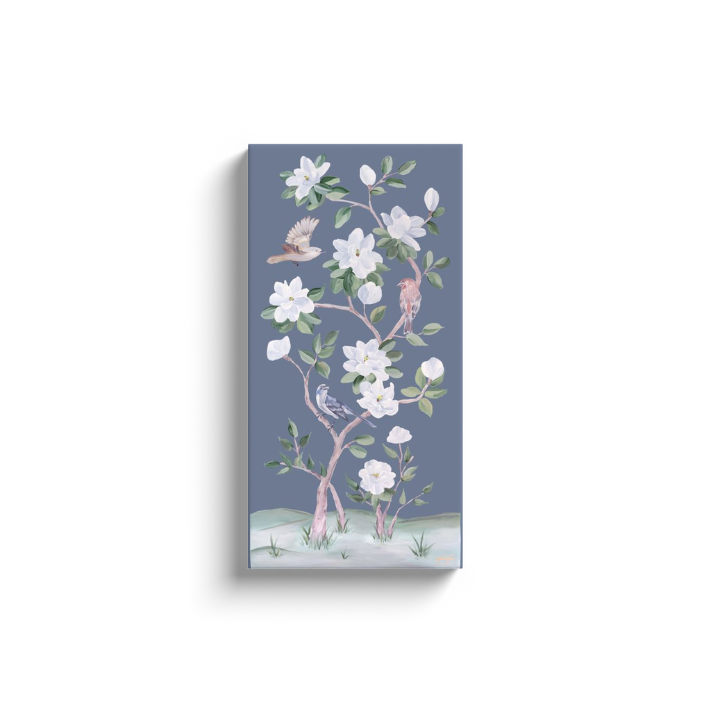 Songbirds and Magnolias, a dark blue chinoiserie canvas wrap