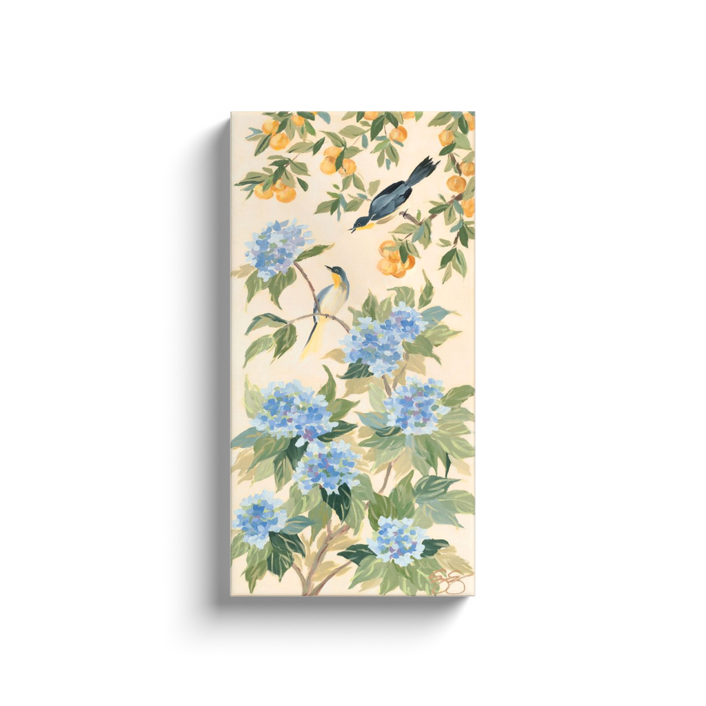 Anne, a chinoiserie canvas wrap with hydrangeas, oranges, and bird